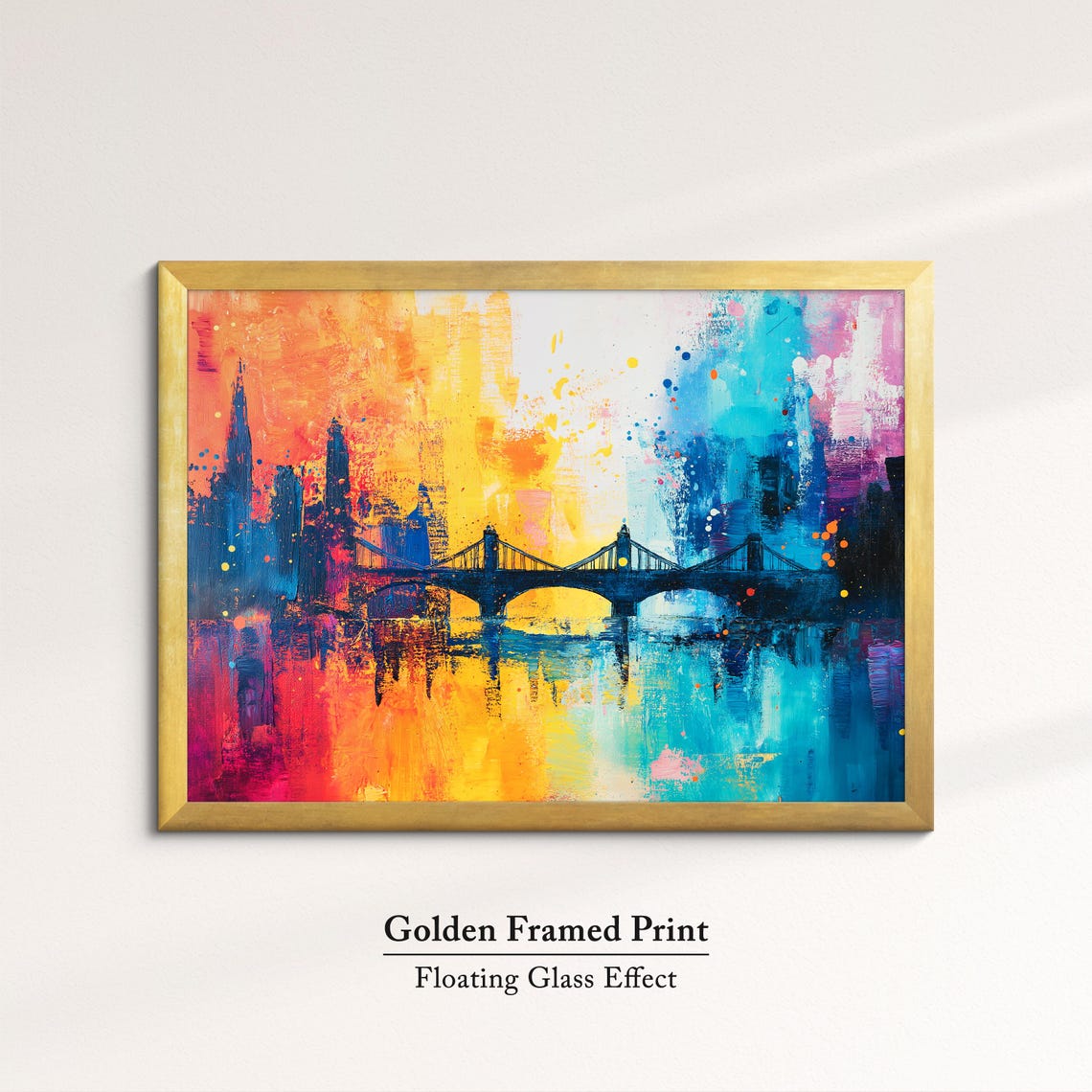 London Thames Bridge Silhouette Sunrise Rainbow Watercolor Art Poster - Image 5