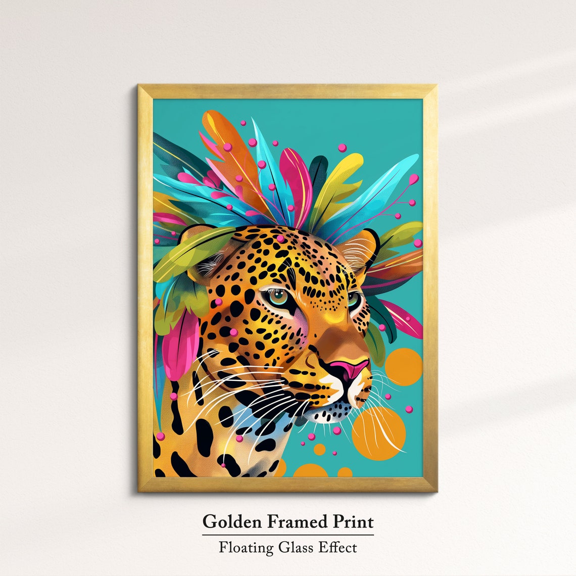 Leopard Profile Portrait With Feather Headdress Teal Art Poster - Image 5