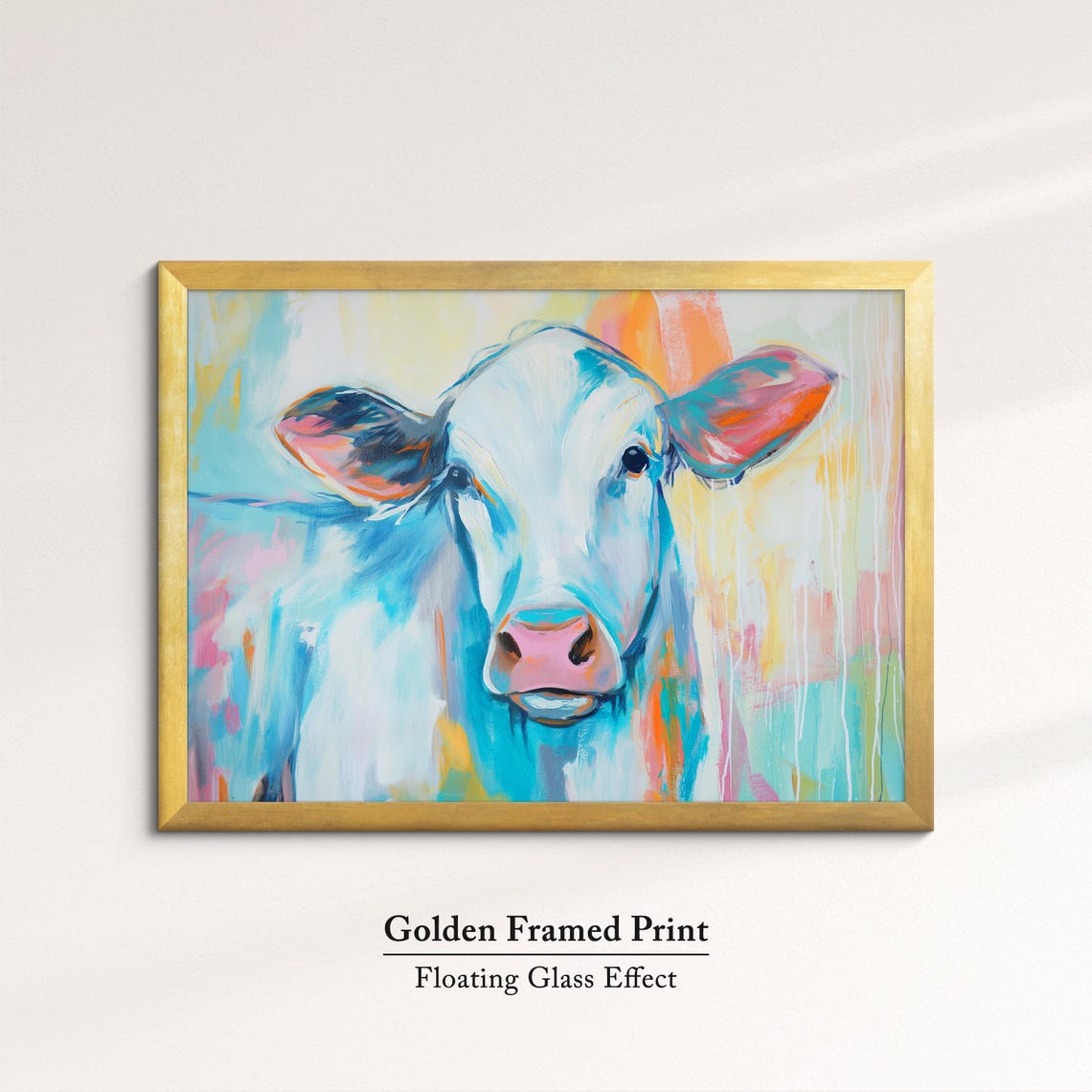 Cow Close Up Blue Orange Pastel Abstract Portrait Wall Poster - Image 5