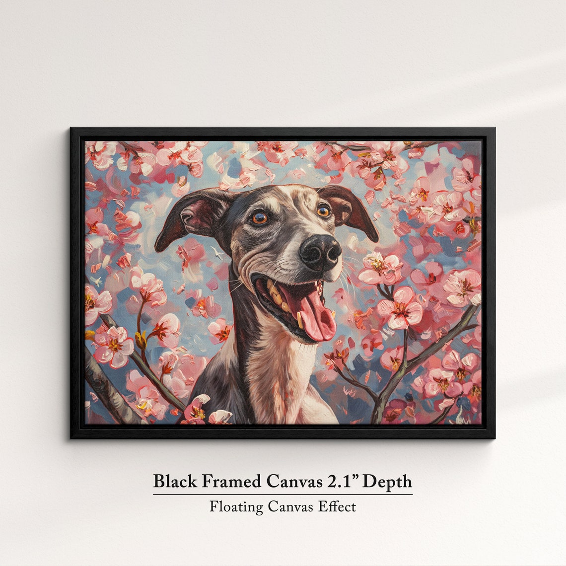 Black Greyhound Smiling In Pink Blossoms Bold Modern Pet Art Poster - Image 2