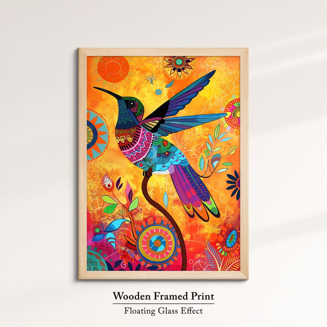 Colorful Hummingbird Folk Art Orange Mandala Background Wall Poster - Image 6