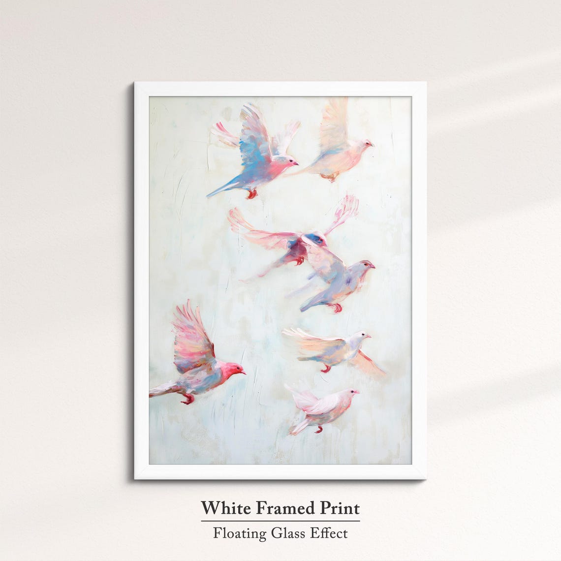 Pink Birds In Flight Soft White Pastel Flock Abstract Wall Art - Image 7