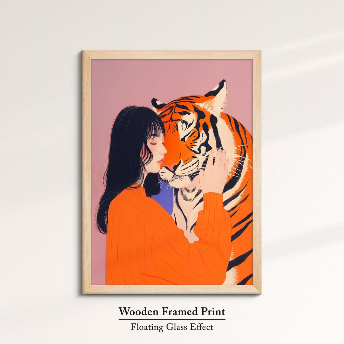 Woman Embracing Tiger Gentle Pink Background Modern Illustration Print - Image 6