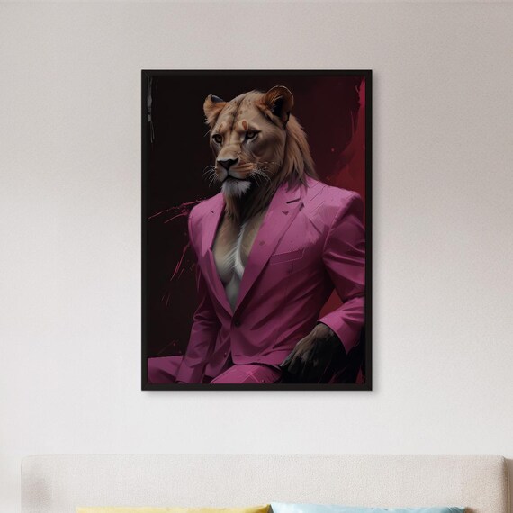Framed Lion Portrait Wall Art Print In Pink Suit Bold Animal Character Poster For Modern Home Decor Or Gift Fashion Enthusiast