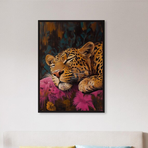 Framed Sleeping Leopard Wall Art Print Wild Jungle Animal Poster With Pink Flowers Bold Nature Decor Gift For Lovers Or Boho Homes