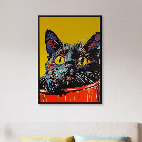 Framed Pop Art Cat Wall Print Bold Yellow Background With Dripping Ink Style Vibrant Modern Pet Poster Gift For Lovers Or Teen Rooms