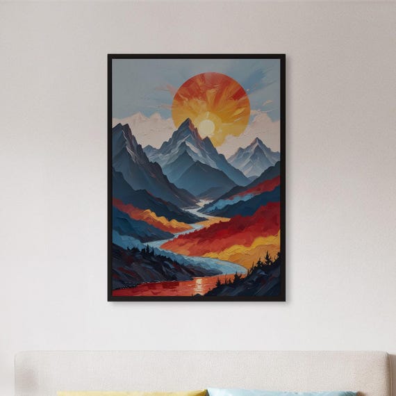 Sunset Mountain Landscape Wall Art Vibrant Nature Poster With River And Peaks Framed Scenic Print For Cabin Boho Living Room Or Gift