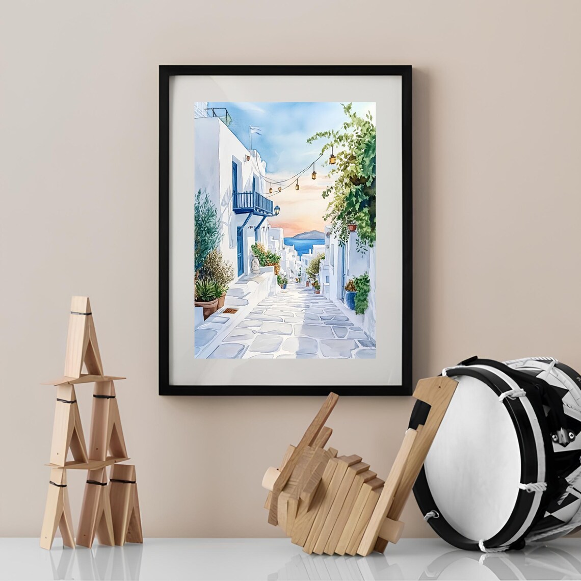 Paros Greece Whitewashed Alley Sunset Watercolor Travel Poster - Image 2