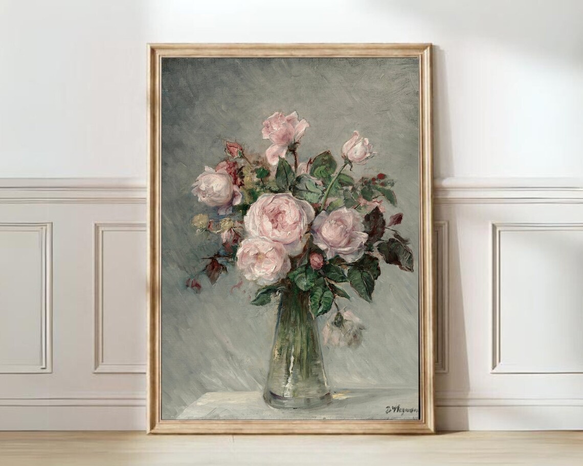 Soft Pink Roses Bouquet in Glass Vase Vintage Style Floral Art Print