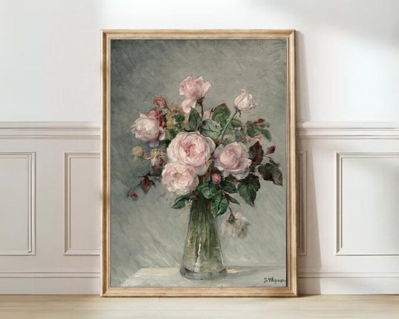Moody Pink Peonies Painting Vintage Flower Print Dark Floral Print Vintage Roses Print Still Life Farmhouse Decor