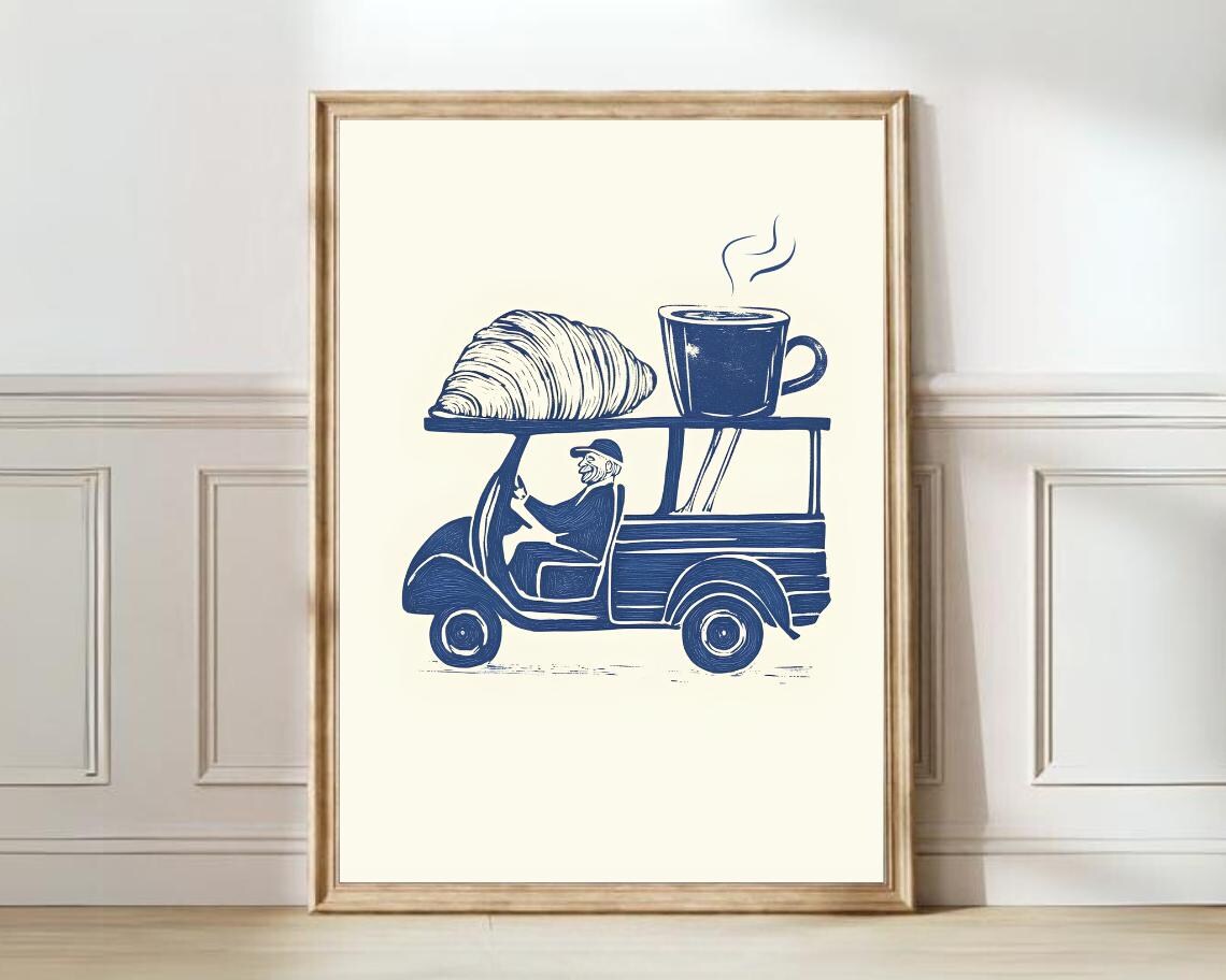 Linocut Croissant Coffee Italian Ape Truck Poster