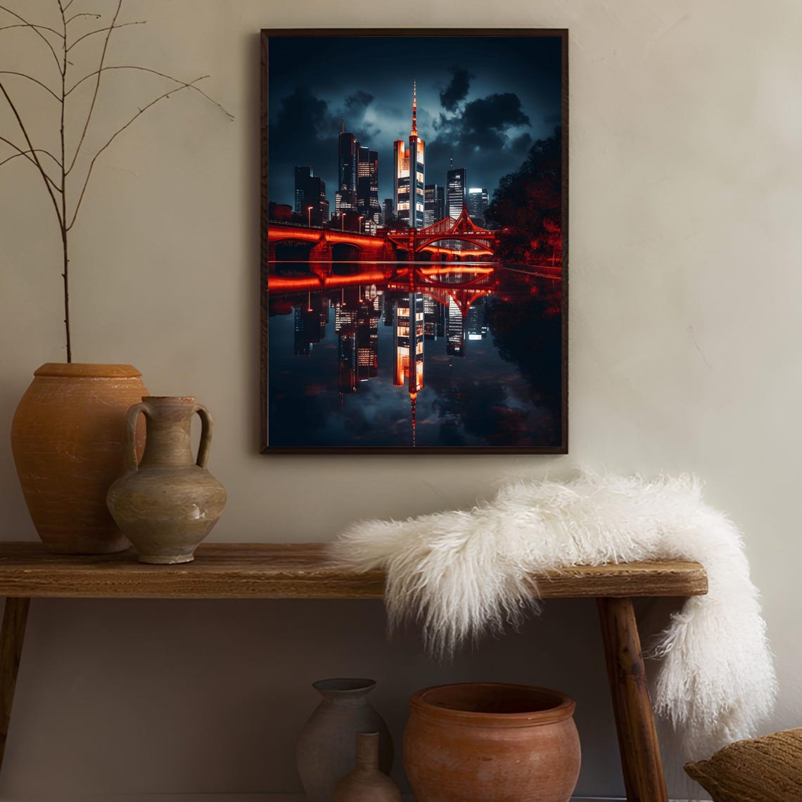 Frankfurt Germany Night Skyline Red Bridge River Reflection Art Poster - Image 3