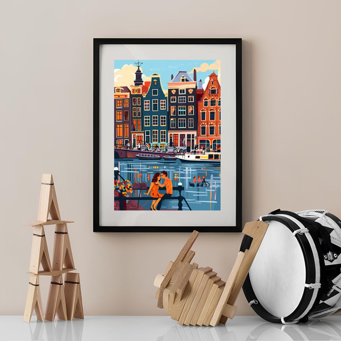 Amsterdam Netherlands Canal Houses at Dusk with Couple View Poster - Image 3