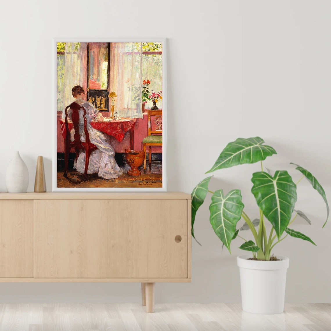Impressionist Woman Writing at a Sunlit Pink Curtain Window Poster - Image 2