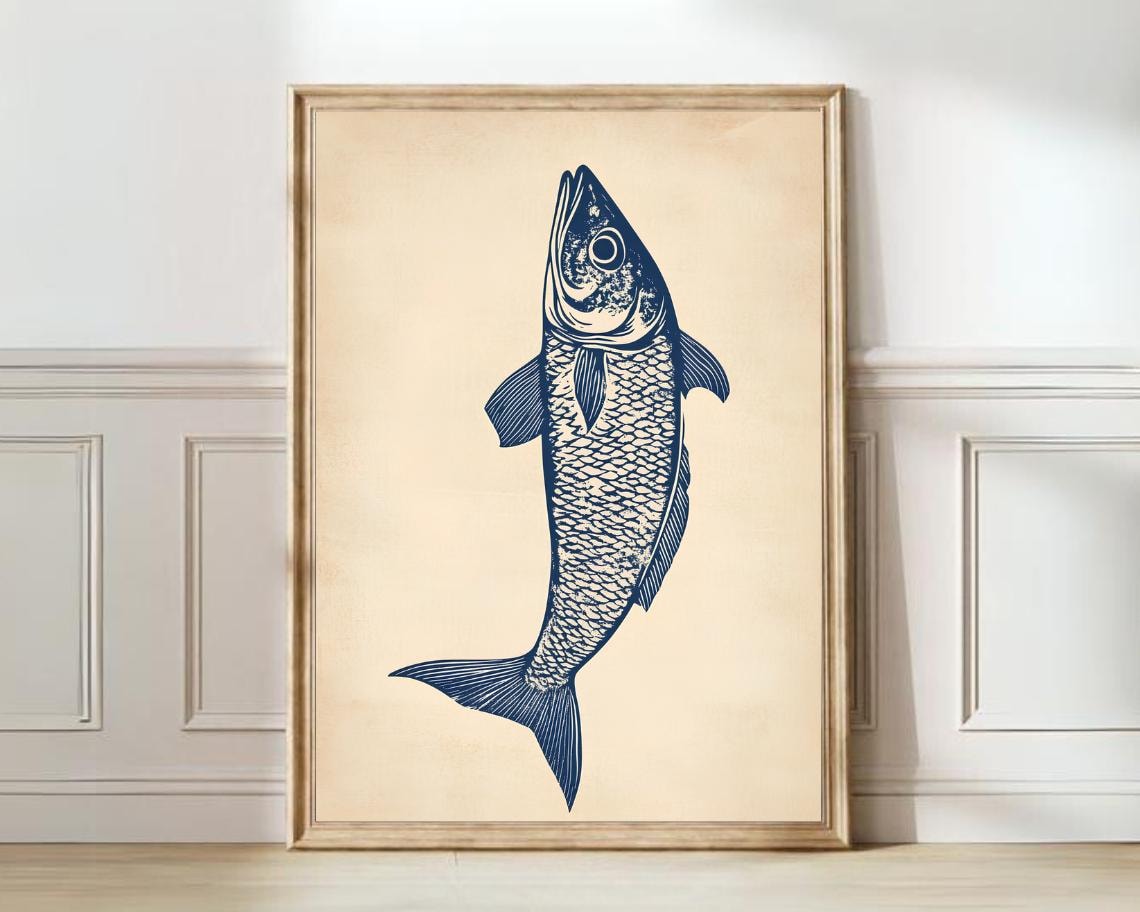 Herring Linocut Vintage Poster, Eclectic Kitchen Art