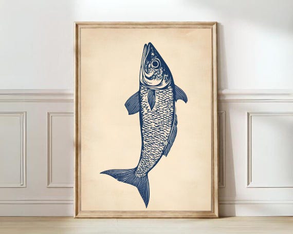 Herring Linocut Vintage Poster, Eclectic Kitchen Art