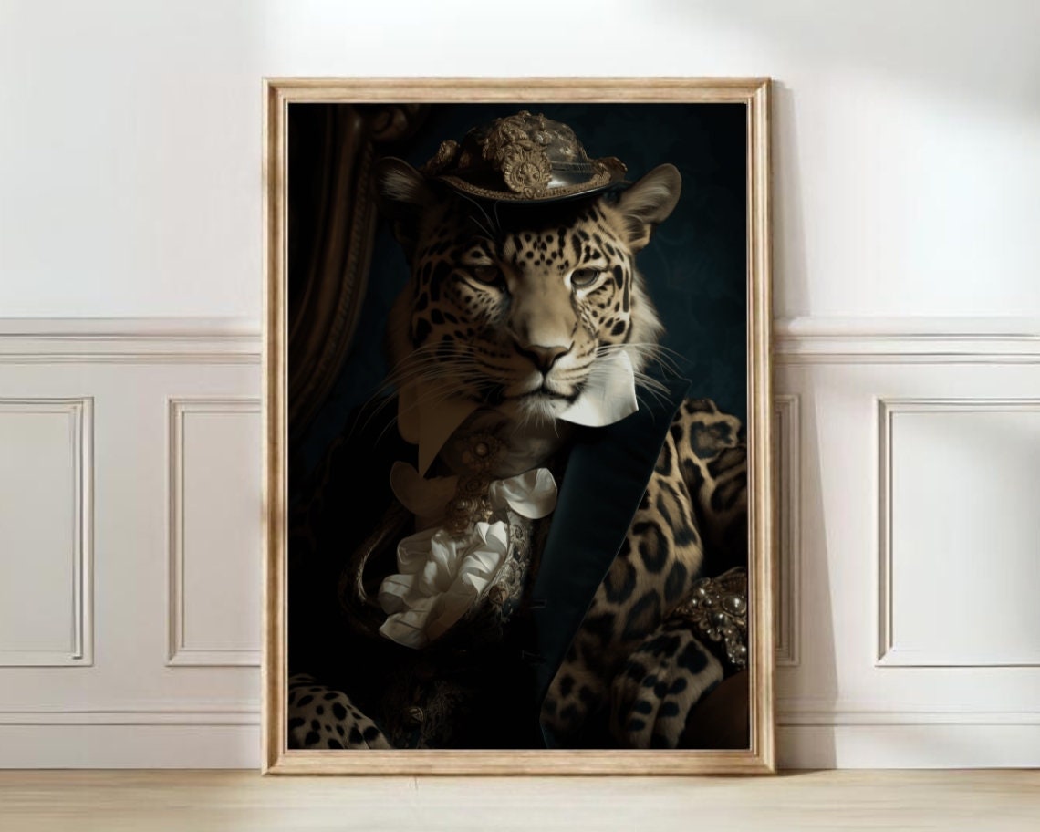 Victorian Leopard Portrait Wearing a Cap Dark Elegant Animal Poster