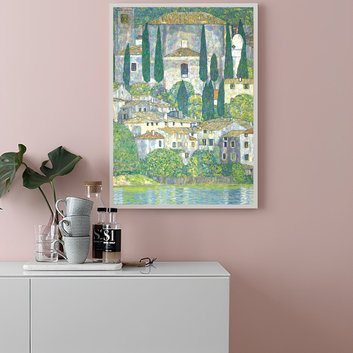 Italian Lakeside Village With Church Vintage Landscape Art Poster - Image 2