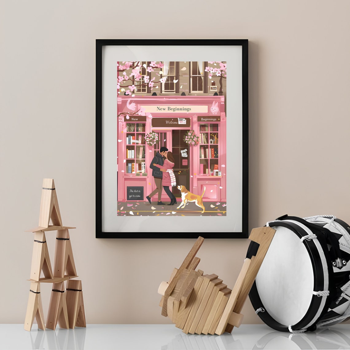 New Beginnings Pink Bookshop Cherry Blossom Romance Art Poster - Image 3