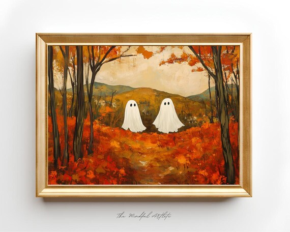 Ghost Print Ghost Painting Halloween Print Set Cute Ghost Poster Vintage Oil Painting Halloween Decor Spooky Print Funny Ghost Prints