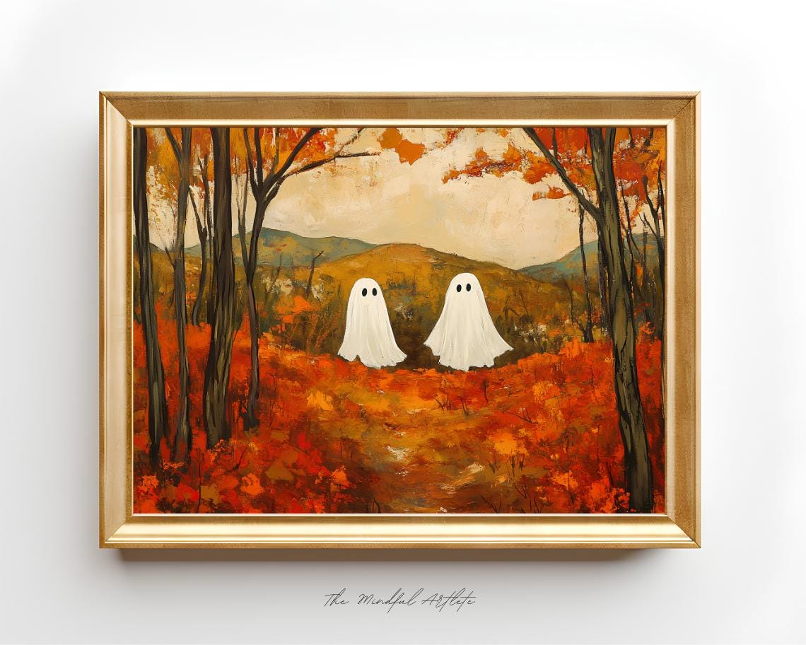 Two Cute Ghosts Strolling In Autumn Forest Fall Halloween Poster