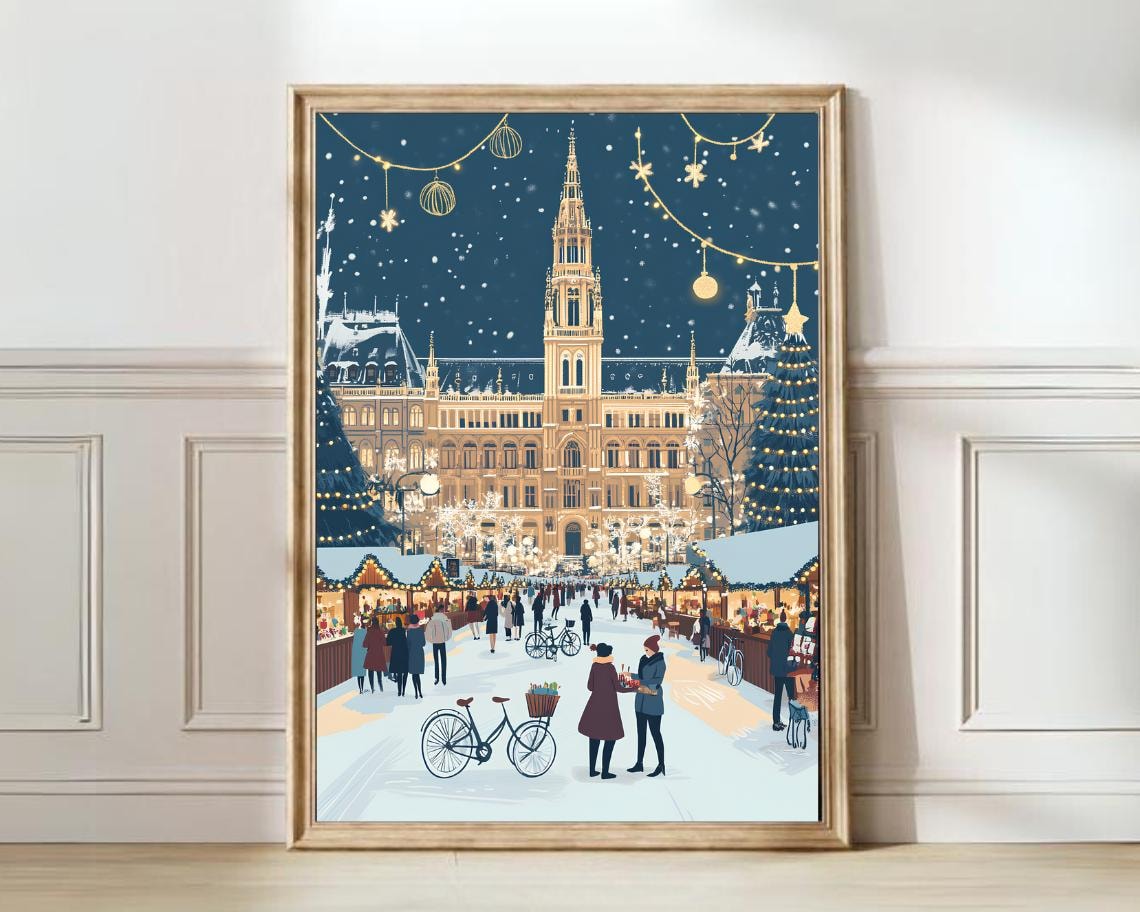Vienna Winter Christmas Market Town Hall Snowy Holiday Lights Poster