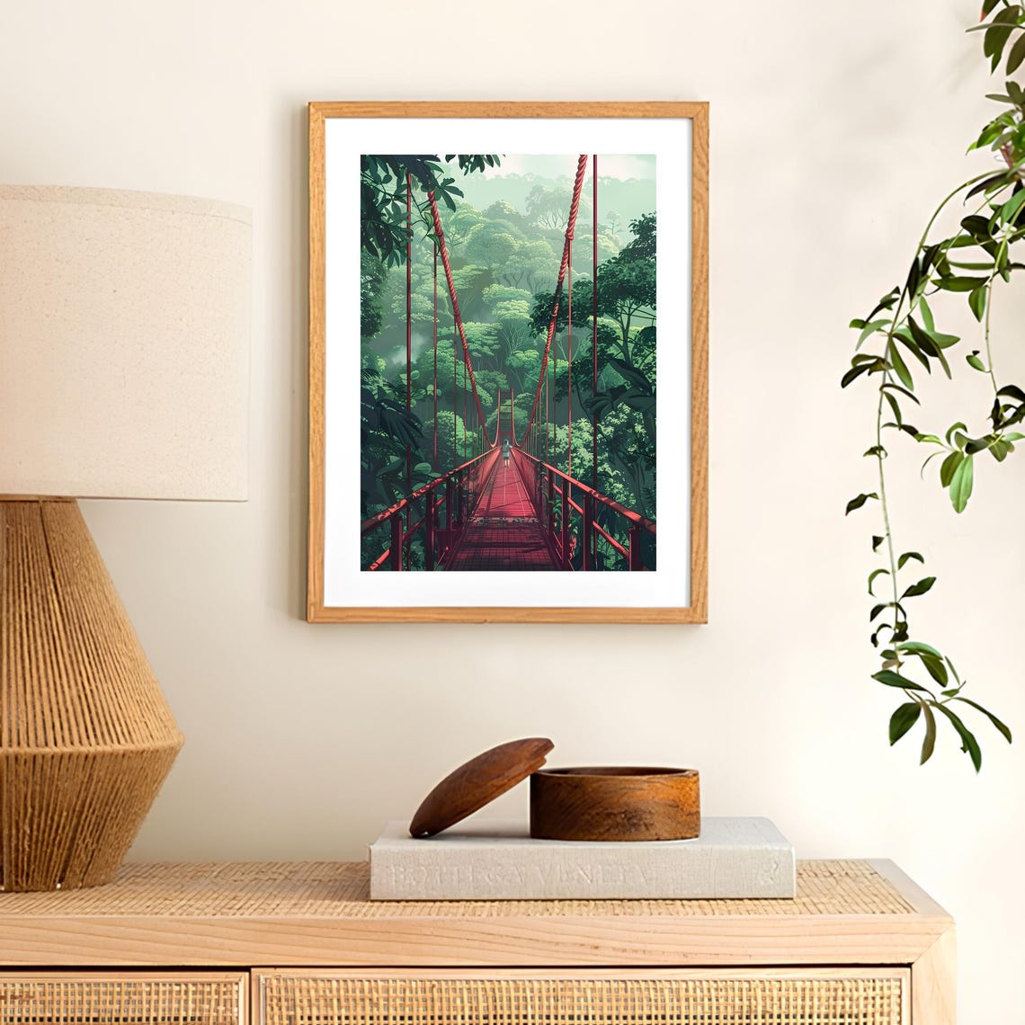 Costa Rica Lush Rainforest Red Hanging Bridge Nature Art Poster - Image 2