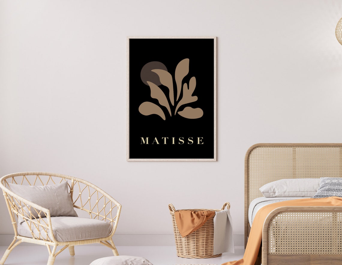 Matisse Inspired Beige Leaf Cutout On Black Abstract Art Poster - Image 2