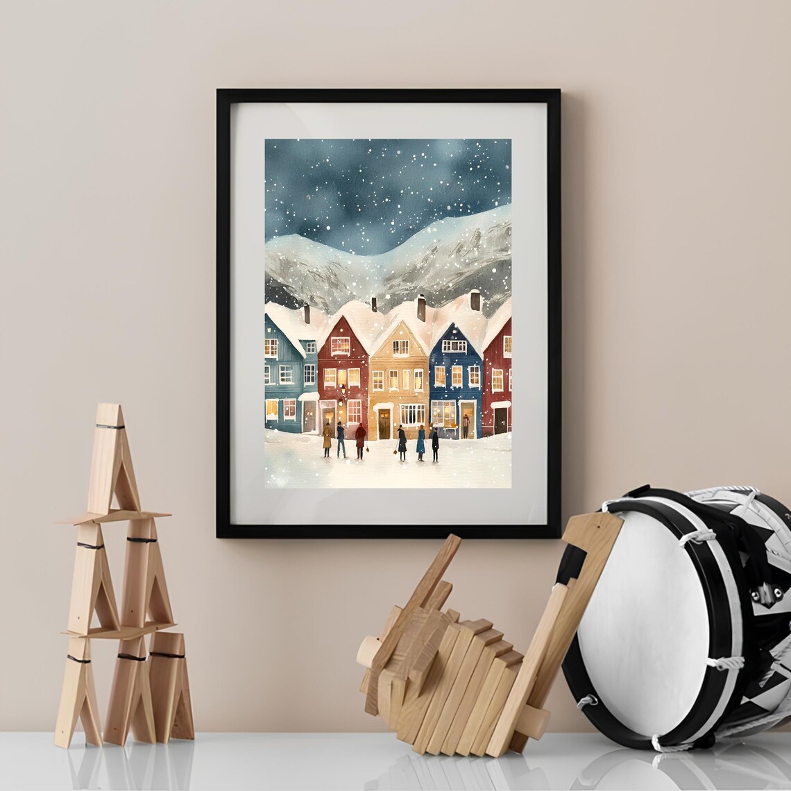 Norway Winter Colorful Row Houses Snowy Mountains Village Poster - Image 2