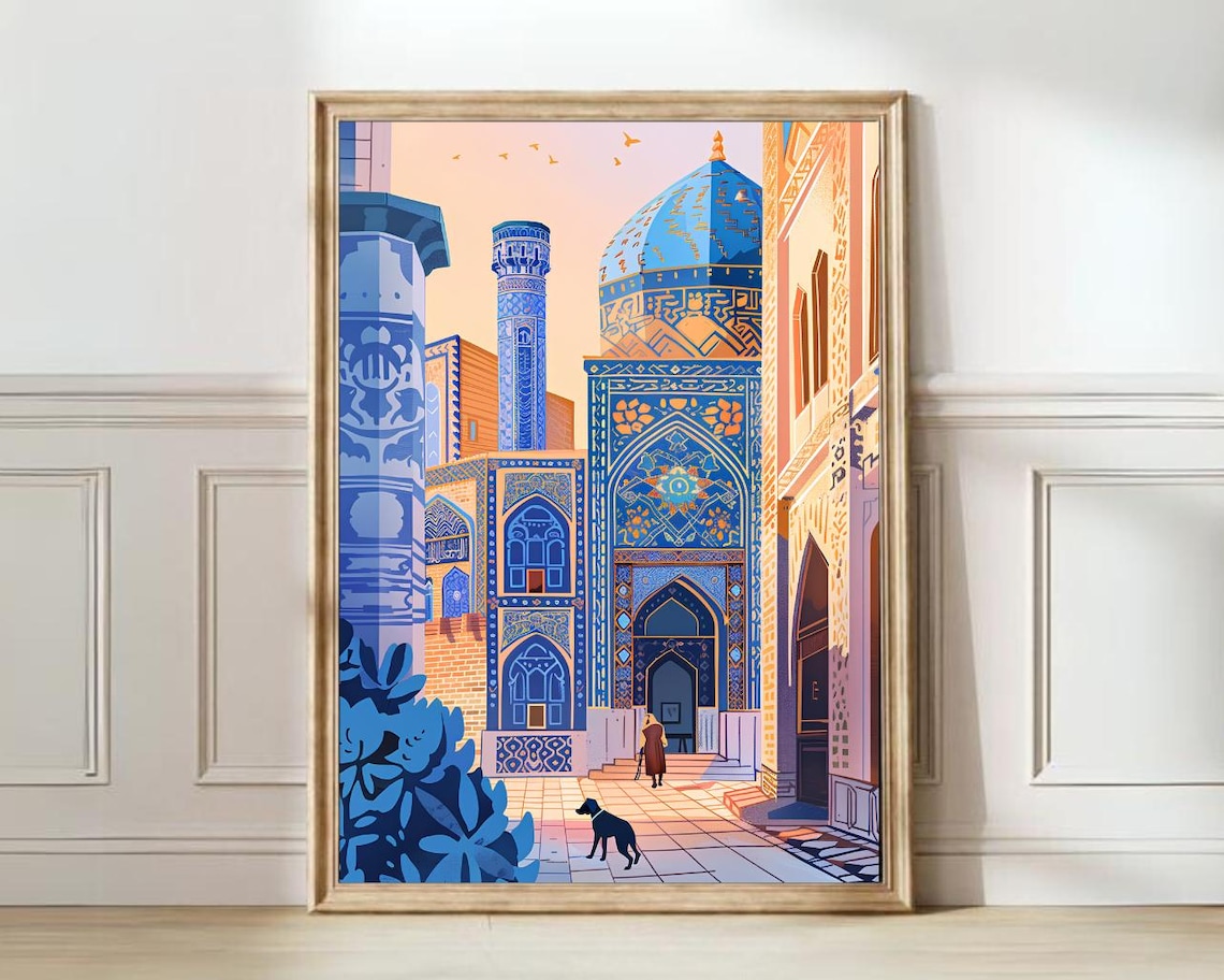 Uzbekistan Travel Poster, Samarkand Mosque Illustration