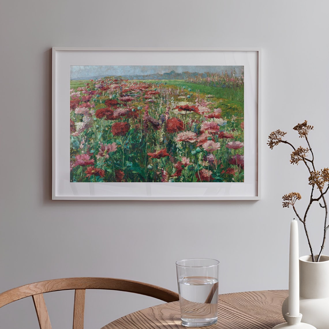 Vintage Meadow Painting Vintage Landscape Painting Red Flower Field Painting Pink Flowers Print Farmhouse Decor Rustic Country Art Print - Image 2