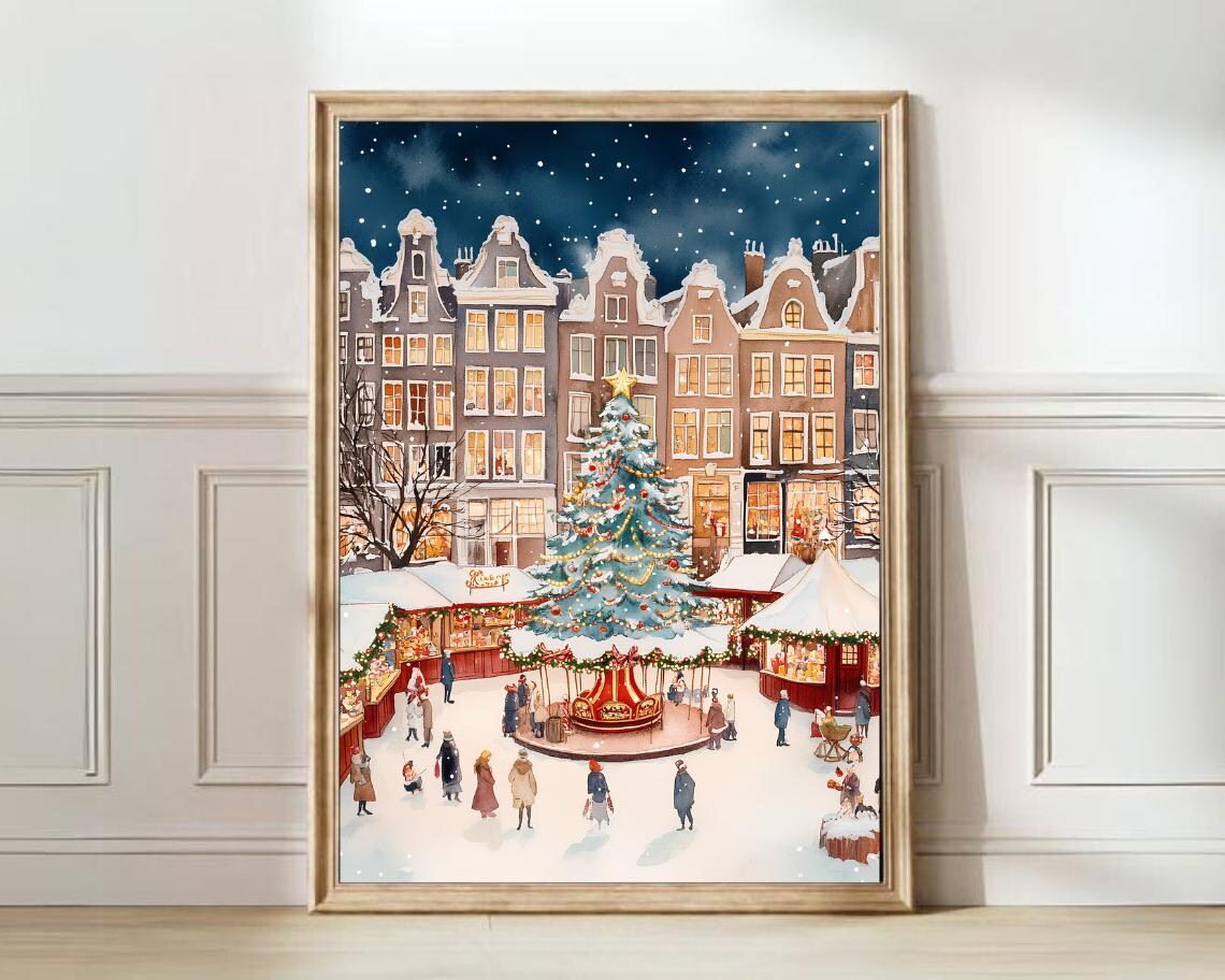Amsterdam Winter Christmas Market Canal Houses Carousel Art Poster