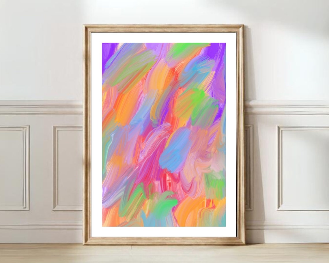 Rainbow Neon Abstract Brushstroke Colorful Modern Art Poster
