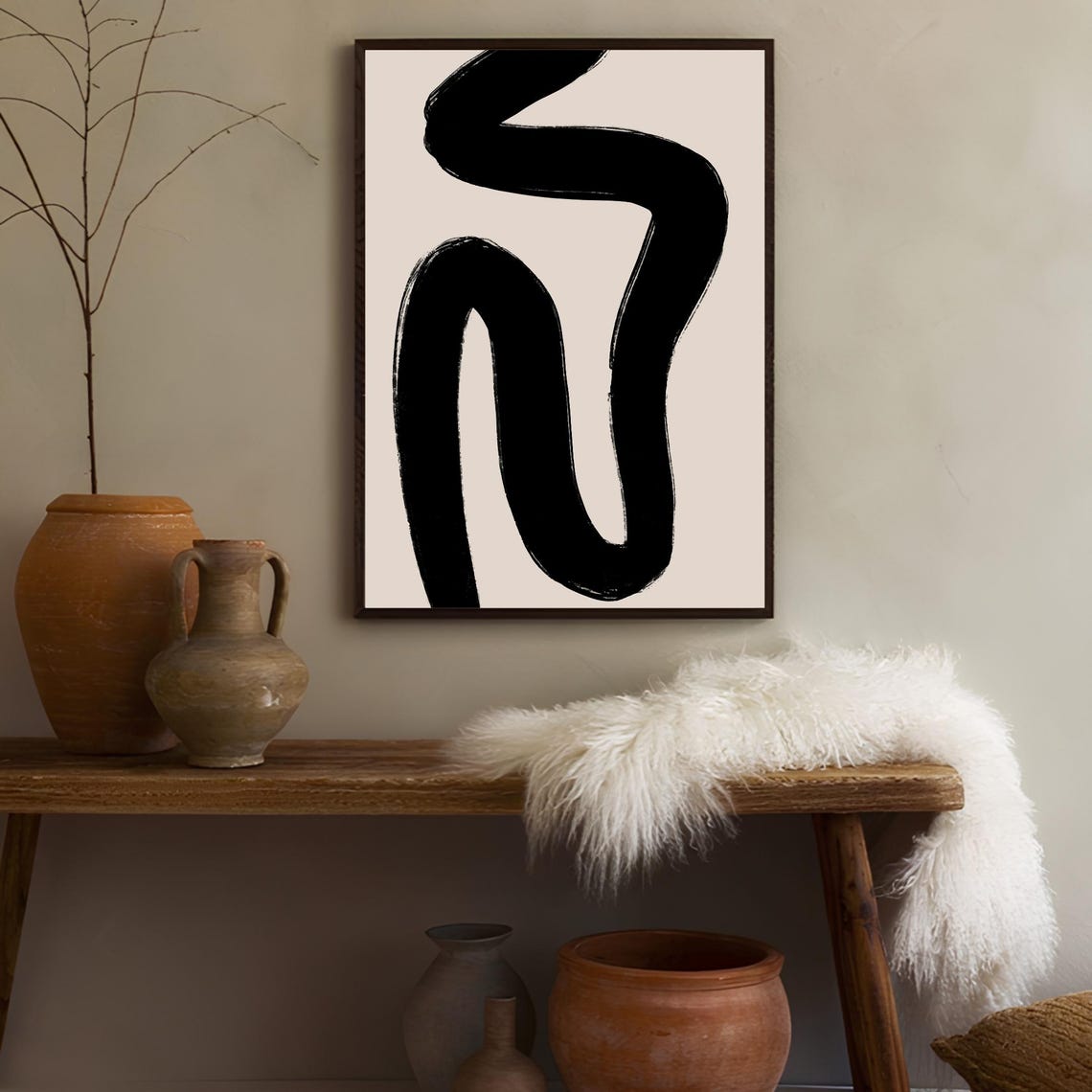 Bold Black Brushstroke Curves On Beige Modern Abstract Art Poster - Image 3