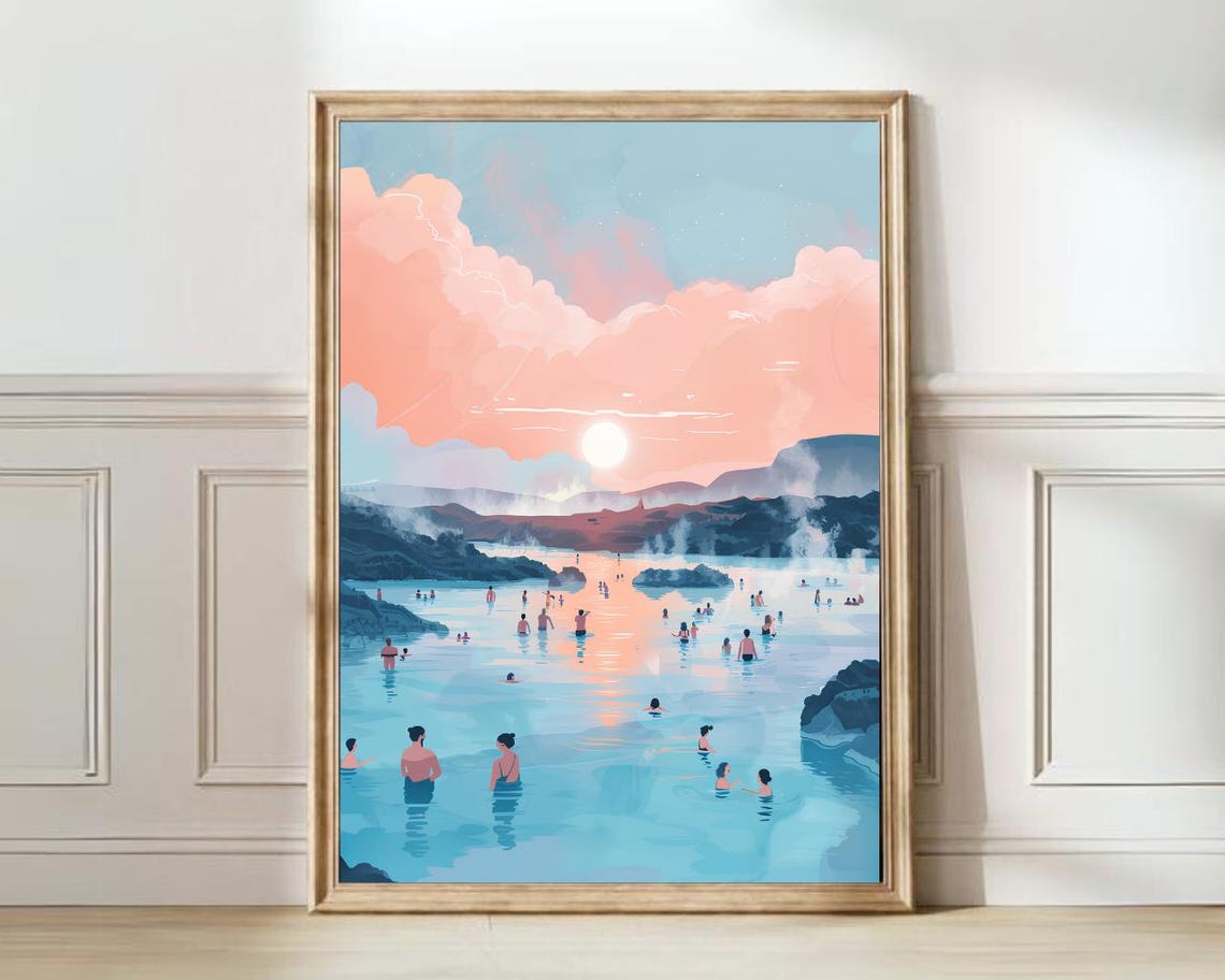 Iceland Blue Lagoon Sunset Soak Steaming Geothermal Spa Scene Poster