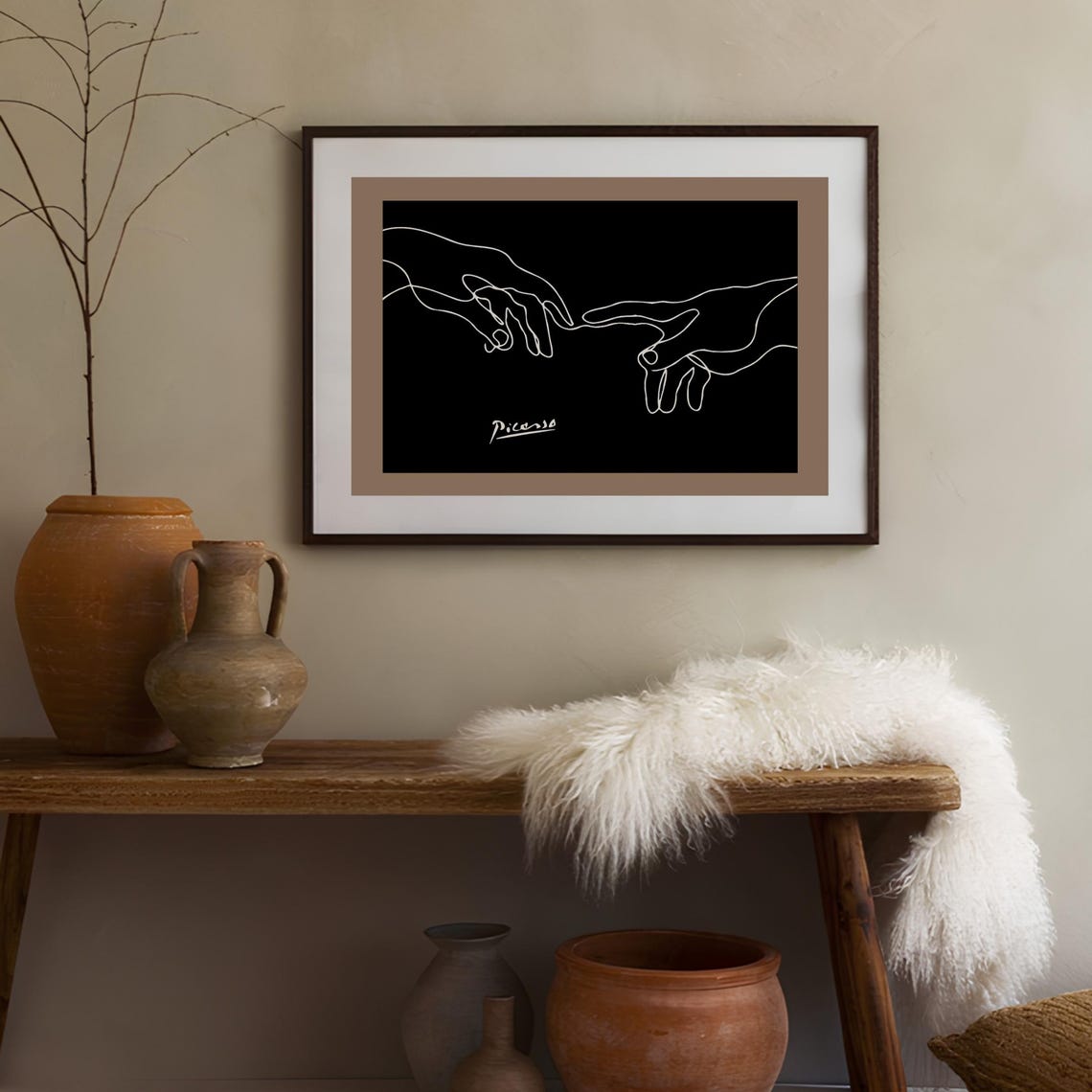 Picasso Style Touching Hands Poster with White Line Art on Black - Image 2