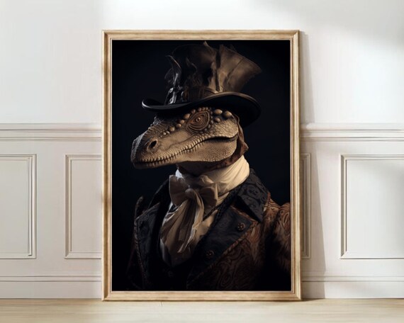 Victorian Dinosaur Portrait Wearing a Top Hat Gothic Animal Poster