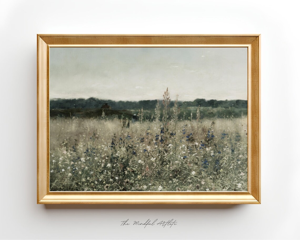 Vintage Meadow Landscape, Wildflower Field Art Print