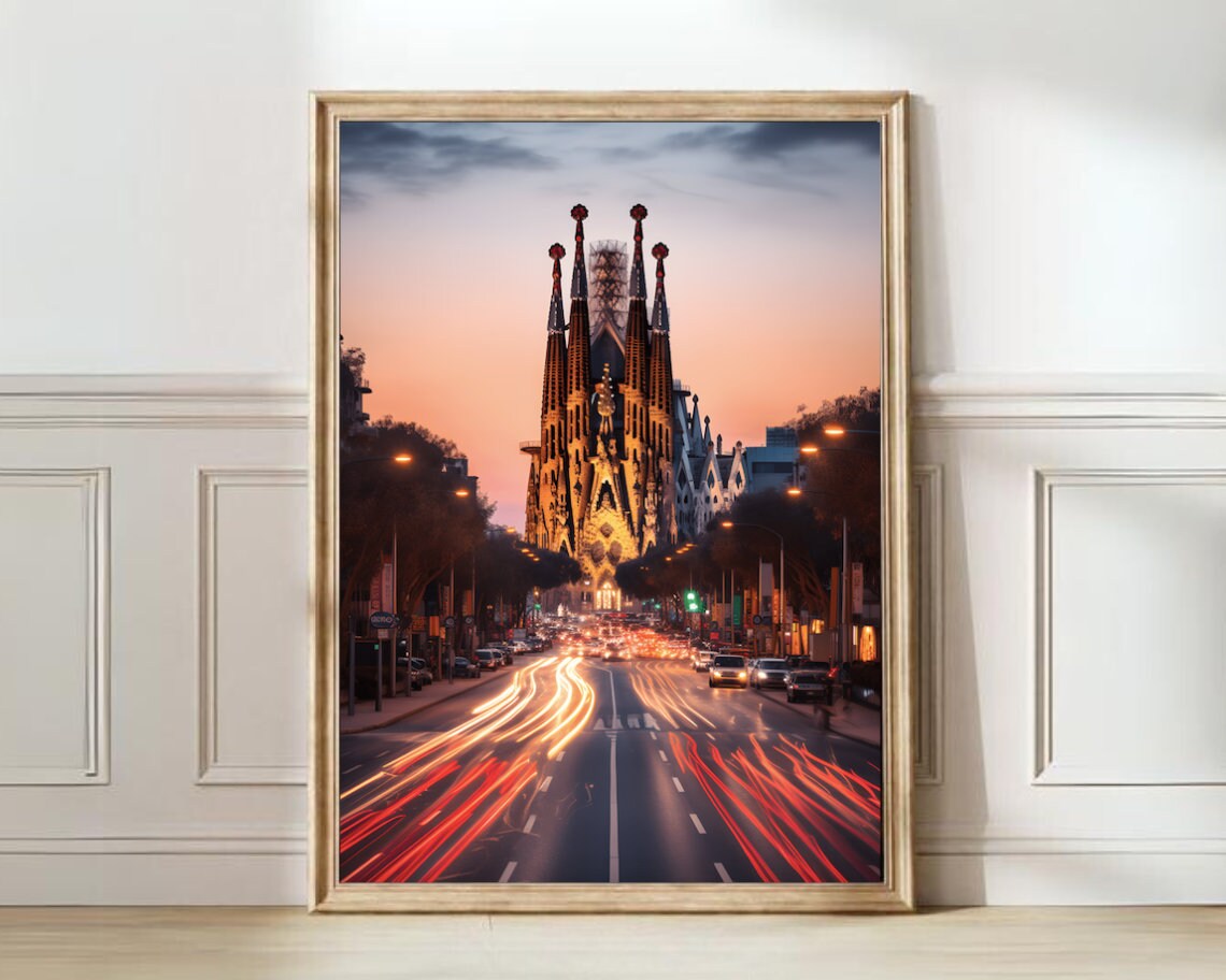 Barcelona Sagrada Familia Sunset Street Light Trails Travel Art Poster