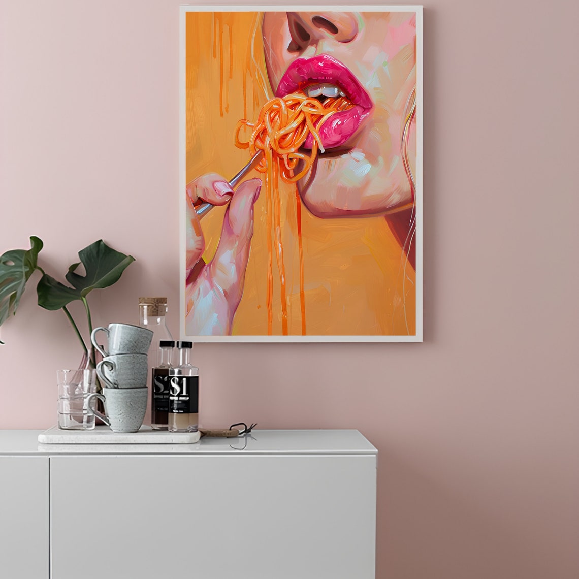 Pink Lips Eating Spaghetti Pop Art Orange Kitchen Food Poster - Image 2