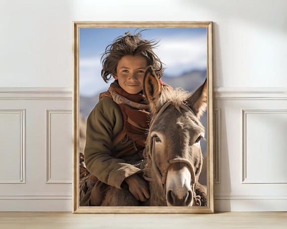 Afghan Nomad Girl with Donkey Warm Mountain Portrait Photography Poster