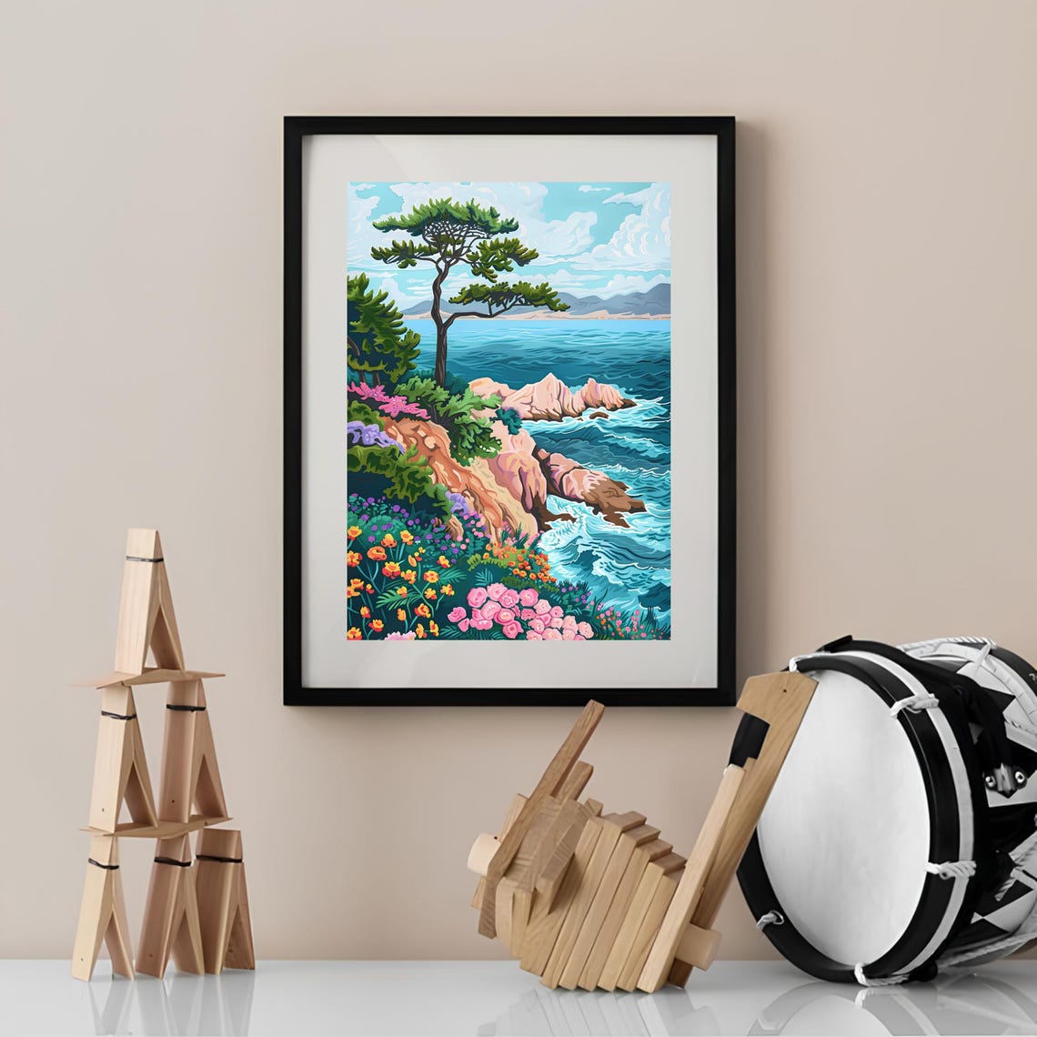 Greece Coastal Cliff Lone Cypress Tree Ocean Flowers Art Poster - Image 2