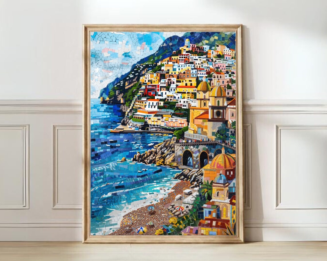 Amalfi Coast Mosaic Tile Art Colorful Seaside Town Scene Poster