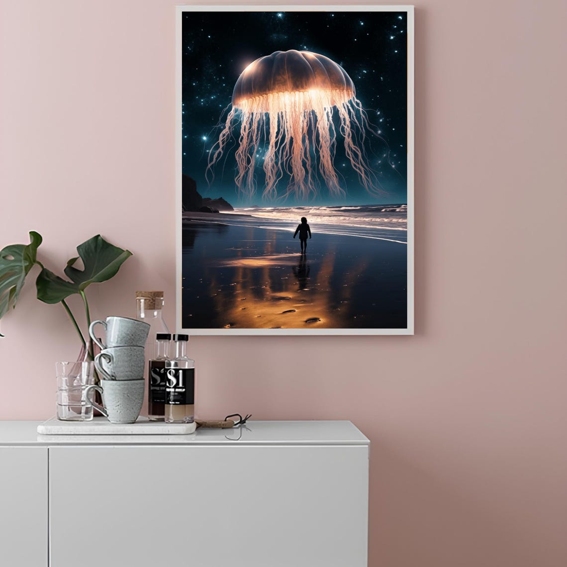Golden Glowing Jellyfish Over Night Beach Surreal Ocean Art Poster - Image 2