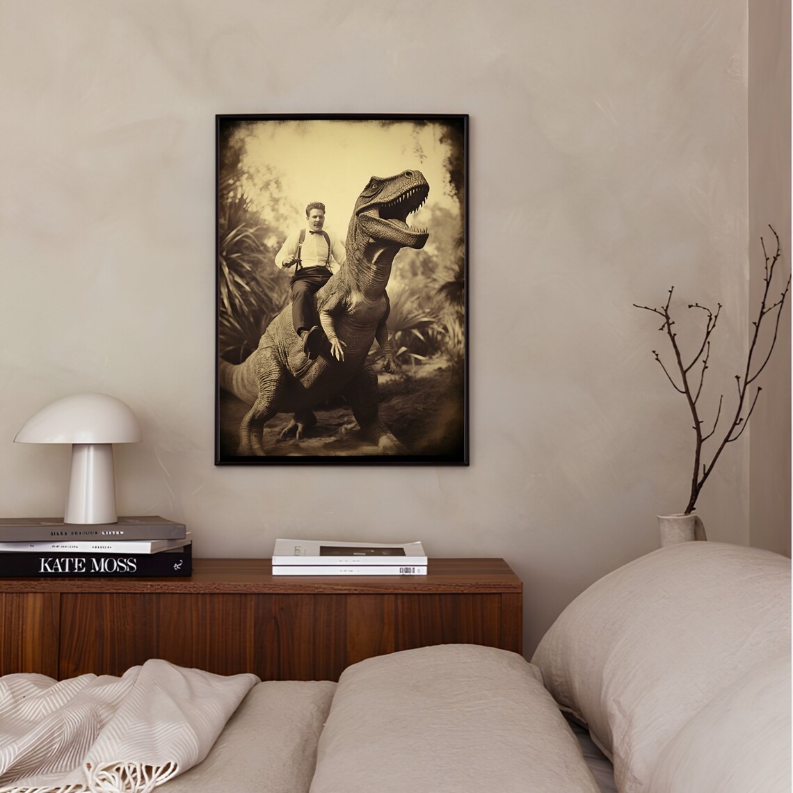 Dapper Gentleman Riding A T-Rex Vintage Sepia Photo Art Poster - Image 3