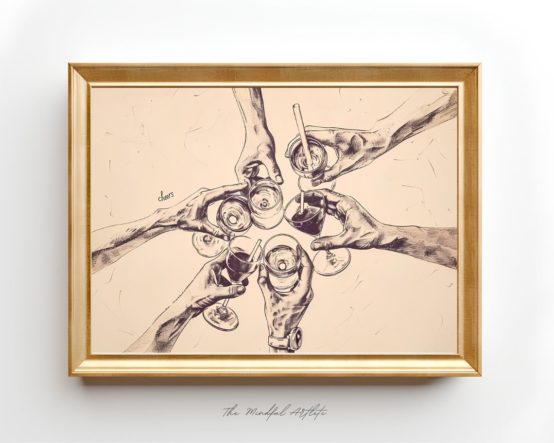 Cheers Clinking Cocktail Glasses Sketch Bar Cart Decor Art Poster