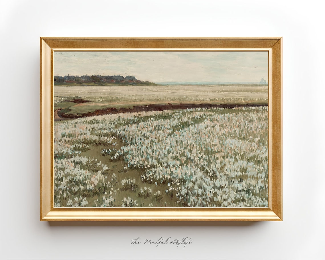 Vintage Meadow Painting Vintage Landscape Painting White Flower Field Painting Wildflowers Print Farmhouse Decor Rustic Country Art Print