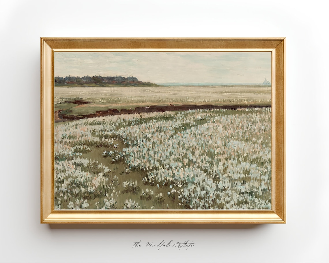 Vintage White Wildflower Meadow Countryside Landscape Poster