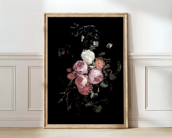 Moody Pink Peonies Painting Vintage Flower Print Dark Floral Print Vintage Roses Print Still Life Farmhouse Decor