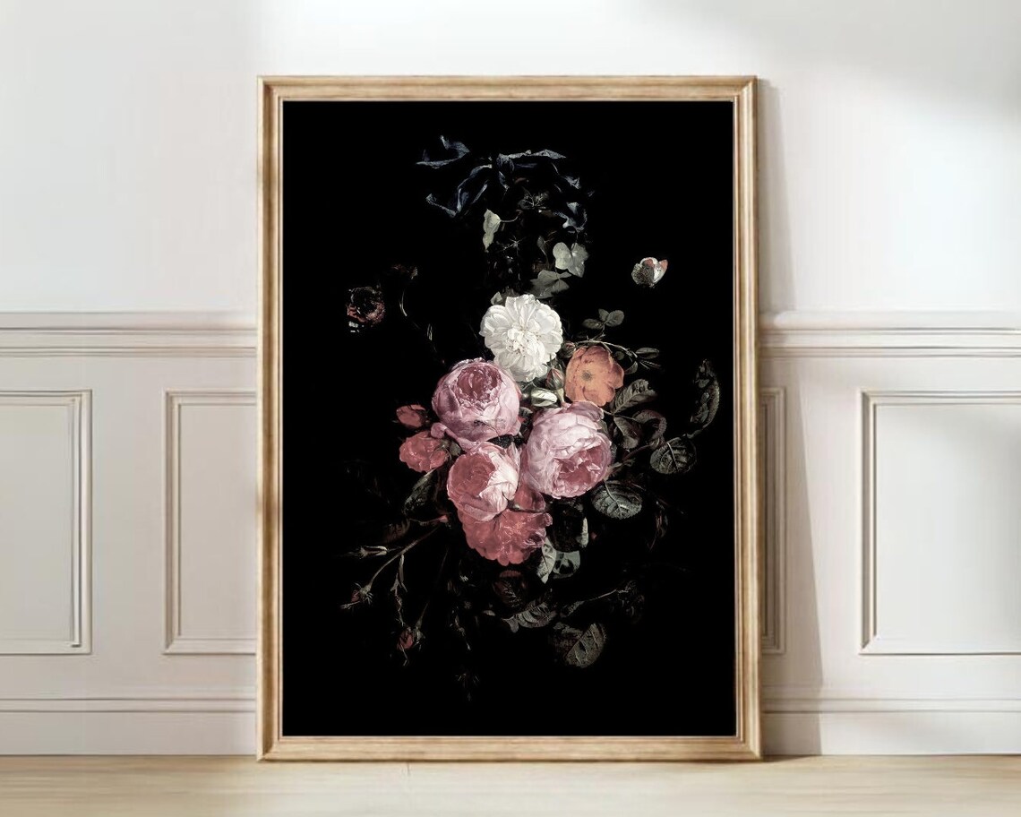Moody Pink Peonies and White Roses Black Background Floral Art Print